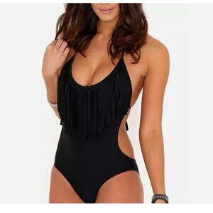 Hanson V28 Padded One Piece Fringed Swimsuit Black Size M 00067